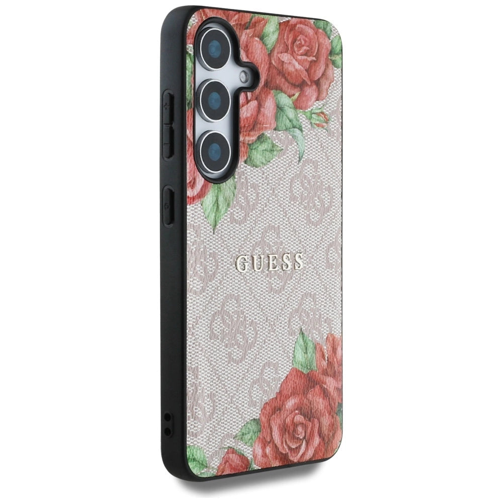 Guess Leather 4G Flowers Print Metal Classic Logo MagSafe Case for Samsung Galaxy S25 - Pink_3