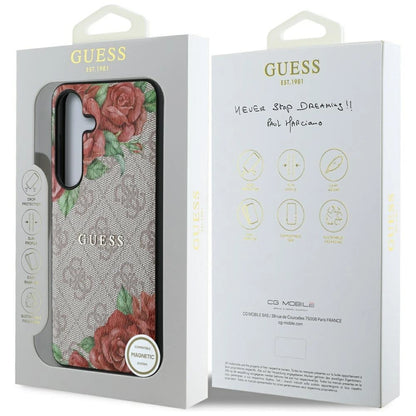 Guess Leather 4G Flowers Print Metal Classic Logo MagSafe Case for Samsung Galaxy S25 - Pink_7