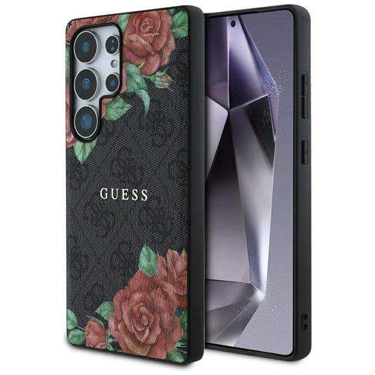 Guess Leather 4G Flowers Print Metal Classic Logo MagSafe Case for Samsung Galaxy S25 Ultra - Black_0