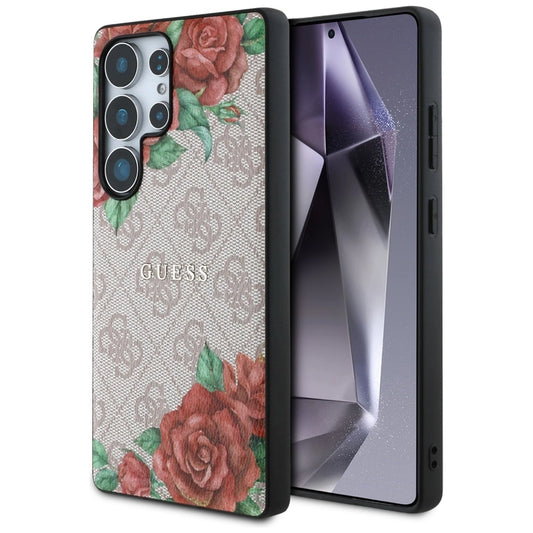 Guess Leather 4G Flowers Print Metal Classic Logo MagSafe Case for Samsung Galaxy S25 Ultra - Pink_0