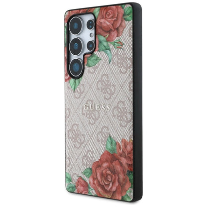 Guess Leather 4G Flowers Print Metal Classic Logo MagSafe Case for Samsung Galaxy S25 Ultra - Pink_1