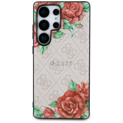 Guess Leather 4G Flowers Print Metal Classic Logo MagSafe Case for Samsung Galaxy S25 Ultra - Pink_2