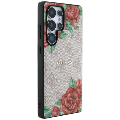 Guess Leather 4G Flowers Print Metal Classic Logo MagSafe Case for Samsung Galaxy S25 Ultra - Pink_3