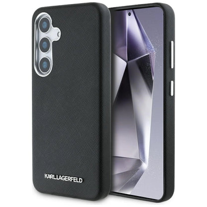 Karl Lagerfeld Saffiano Full Wrapped Elongated Metal Logo MagSafe Case for Samsung Galaxy S25 - Black_0