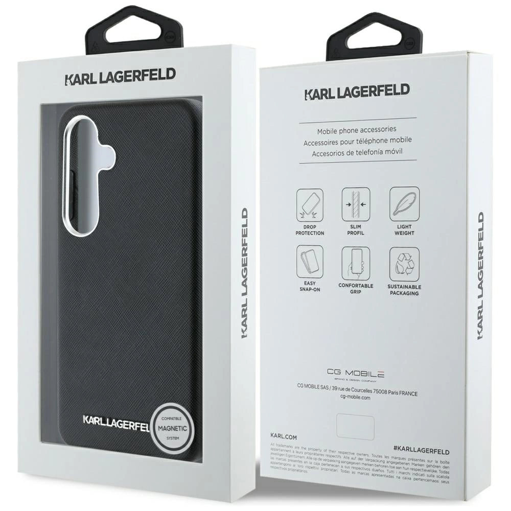 Karl Lagerfeld Saffiano Full Wrapped Elongated Metal Logo MagSafe Case for Samsung Galaxy S25 - Black_7