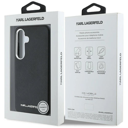Karl Lagerfeld Saffiano Full Wrapped Elongated Metal Logo MagSafe Case for Samsung Galaxy S25 - Black_7