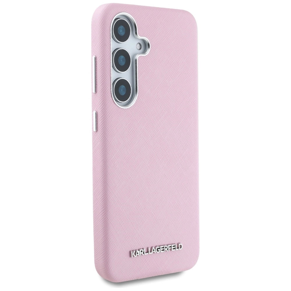 Karl Lagerfeld Saffiano Full Wrapped Elongated Metal Logo MagSafe Case for Samsung Galaxy S25 - Pink_3