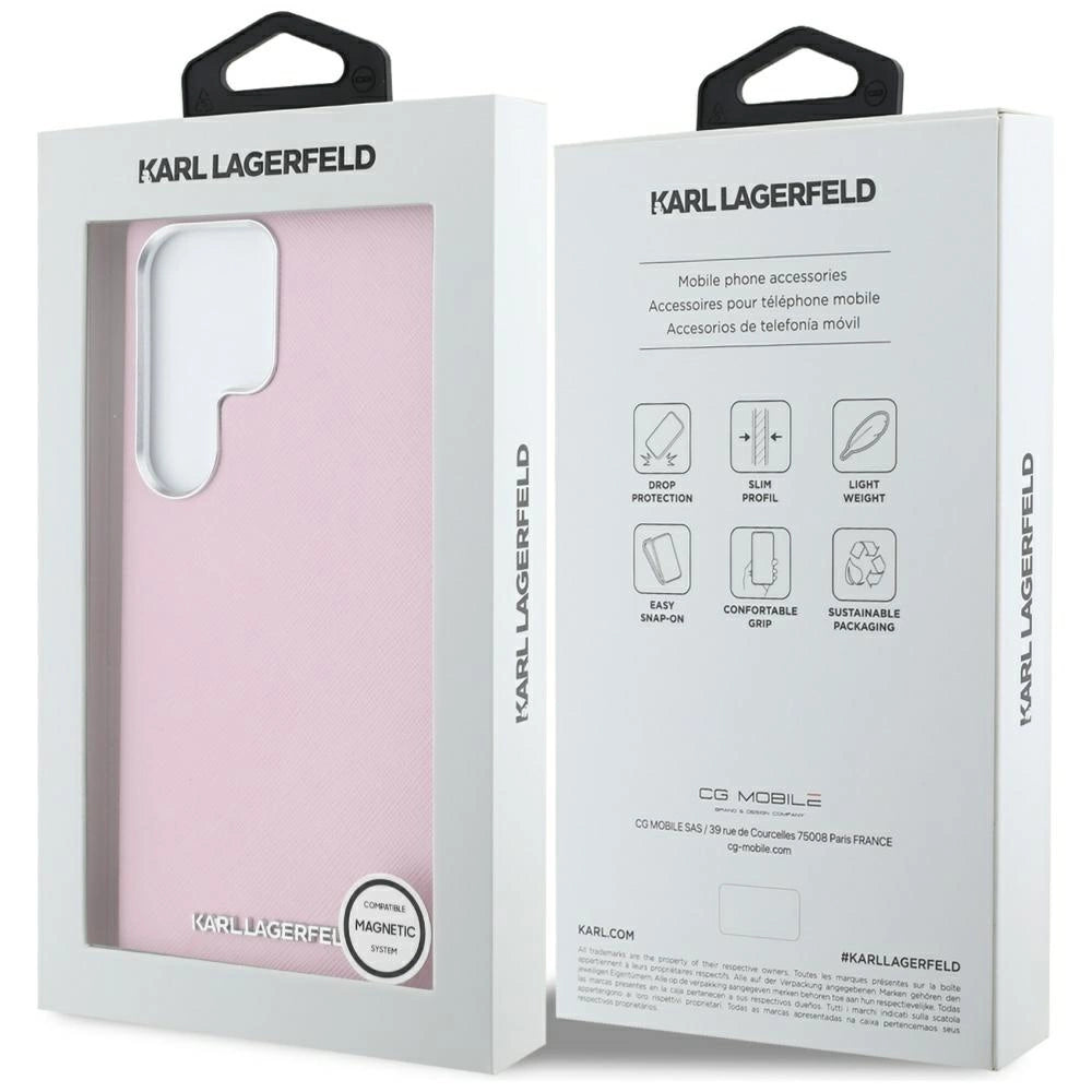Karl Lagerfeld Saffiano Full Wrapped Elongated Metal Logo MagSafe Case for Samsung Galaxy S25 Ultra - Pink_7