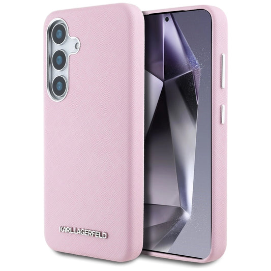 Karl Lagerfeld Saffiano Full Wrapped Elongated Metal Logo MagSafe Case for Samsung Galaxy S25+ - Pink_0