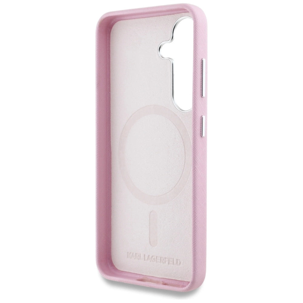 Karl Lagerfeld Saffiano Full Wrapped Elongated Metal Logo MagSafe Case for Samsung Galaxy S25+ - Pink_6