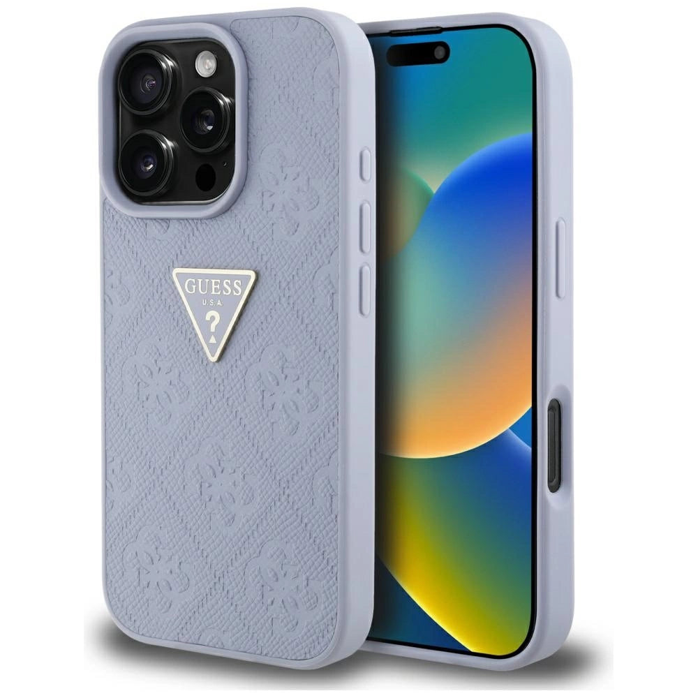Guess Hot Stamp 4G Pattern Triangle Metal Logo iPhone 16 Pro Max Case - Purple_0