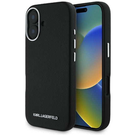Karl Lagerfeld Saffiano Full Wrapped Elongated Metal Logo MagSafe Case for iPhone 16 - Black_0