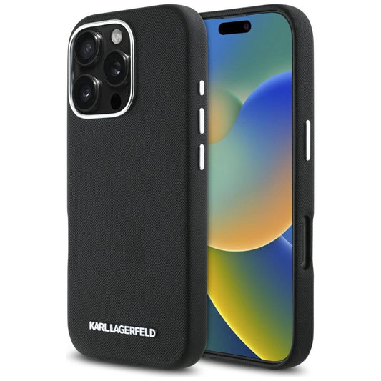 Karl Lagerfeld Saffiano Full Wrapped Elongated Metal Logo MagSafe Case for iPhone 16 Pro Max - Black_0