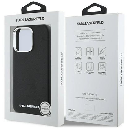 Karl Lagerfeld Saffiano Full Wrapped Elongated Metal Logo MagSafe Case for iPhone 16 Pro Max - Black_7