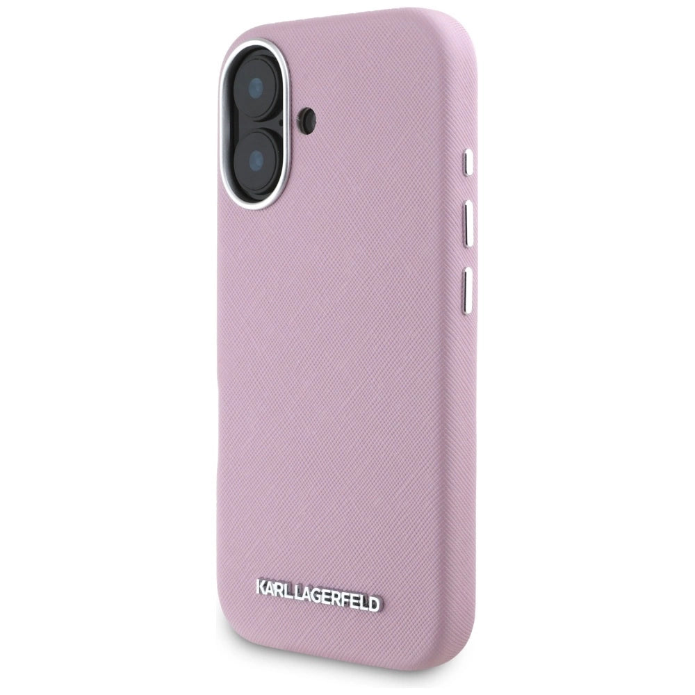 Karl Lagerfeld Saffiano Full Wrapped Elongated Metal Logo MagSafe iPhone 16 Case - Pink_1