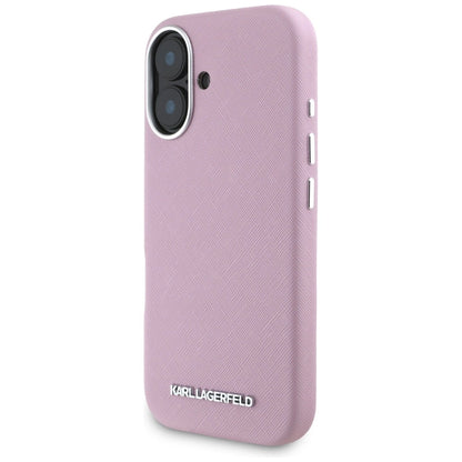 Karl Lagerfeld Saffiano Full Wrapped Elongated Metal Logo MagSafe iPhone 16 Case - Pink_1