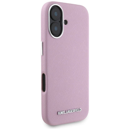 Karl Lagerfeld Saffiano Full Wrapped Elongated Metal Logo MagSafe iPhone 16 Case - Pink_3
