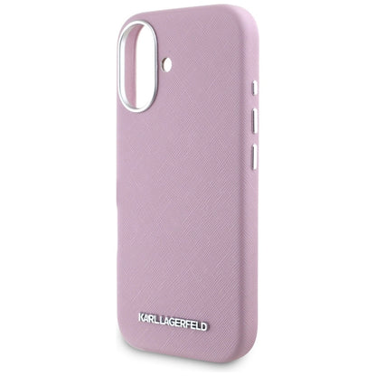 Karl Lagerfeld Saffiano Full Wrapped Elongated Metal Logo MagSafe iPhone 16 Case - Pink_5