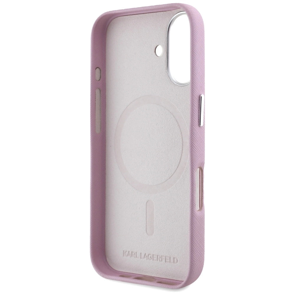 Karl Lagerfeld Saffiano Full Wrapped Elongated Metal Logo MagSafe iPhone 16 Case - Pink_6