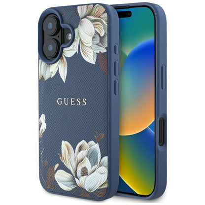Guess Grained Printed Flower Pattern MagSafe case for iPhone 16 blue_0