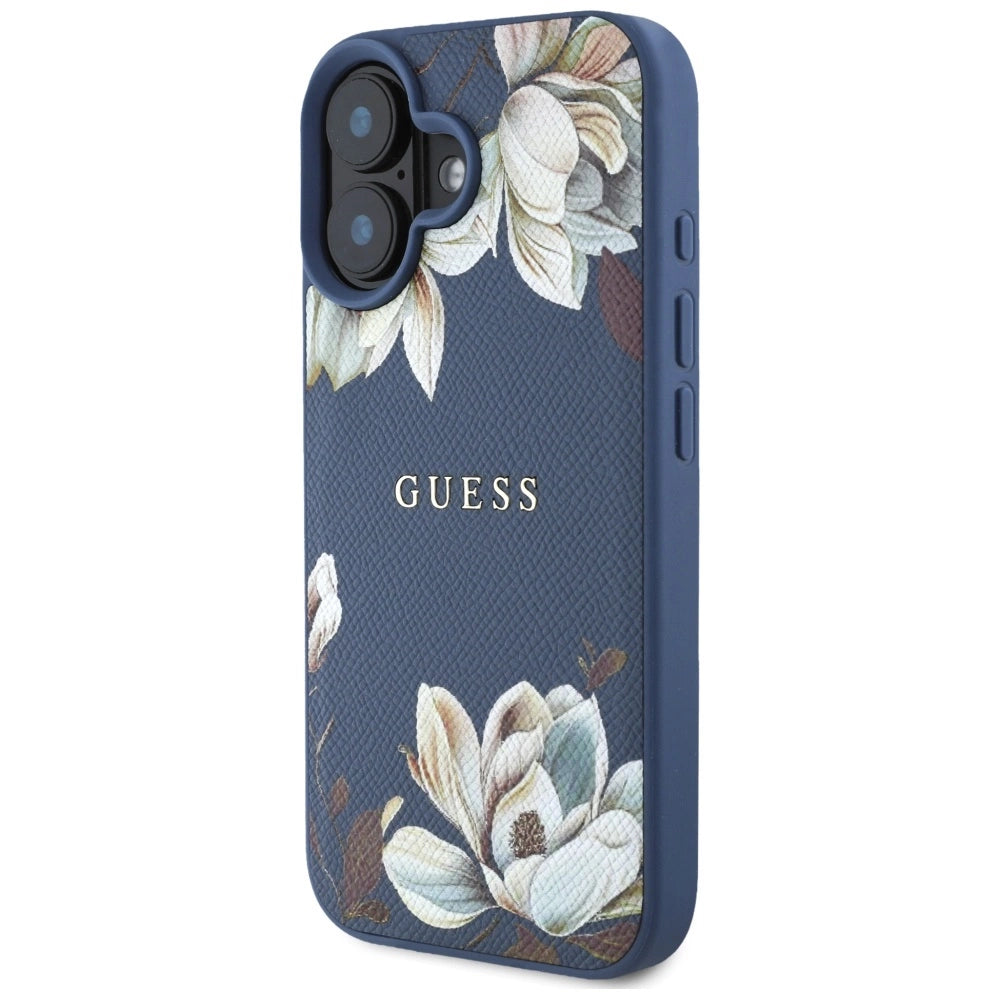 Guess Grained Printed Flower Pattern MagSafe case for iPhone 16 blue_1