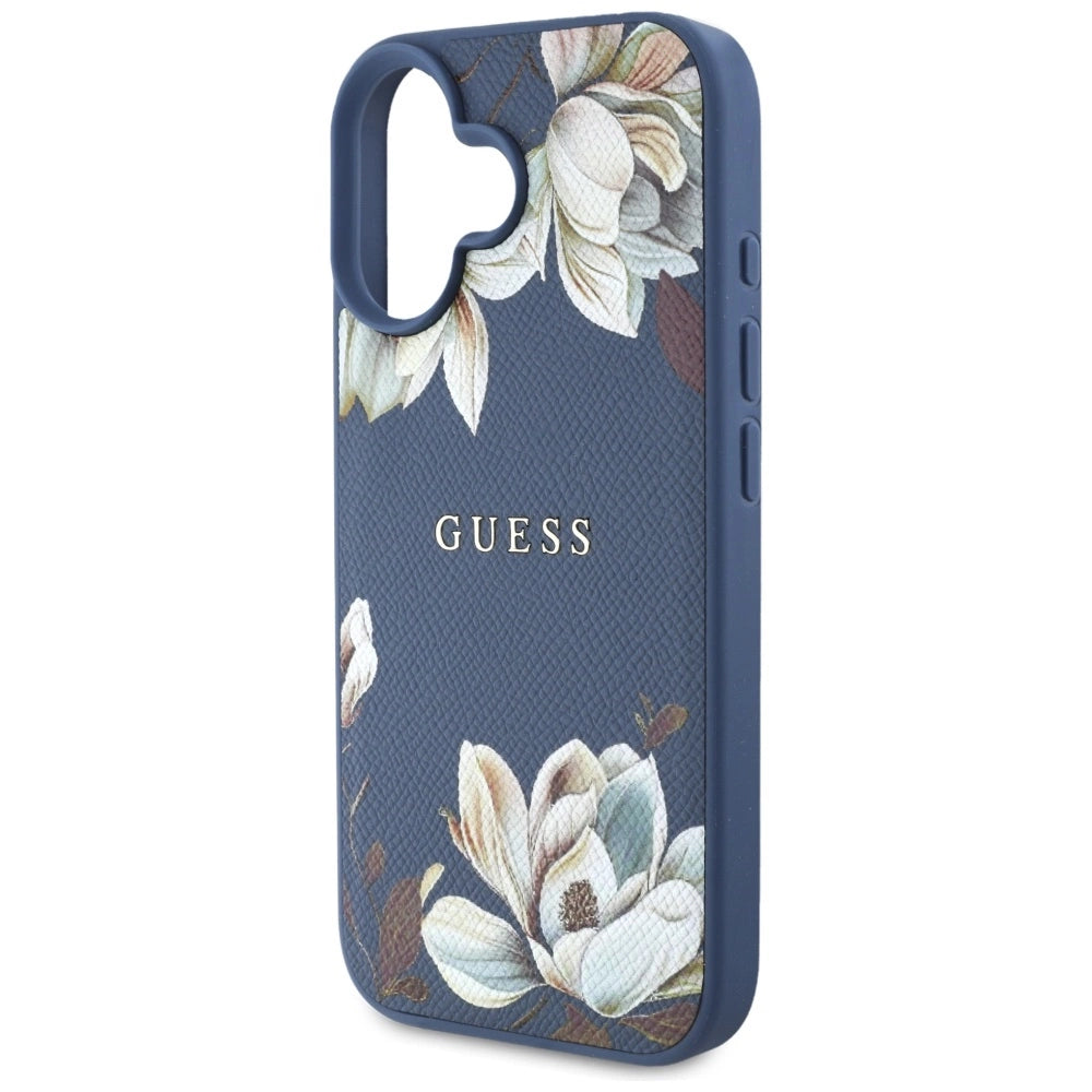 Guess Grained Printed Flower Pattern MagSafe case for iPhone 16 blue_5