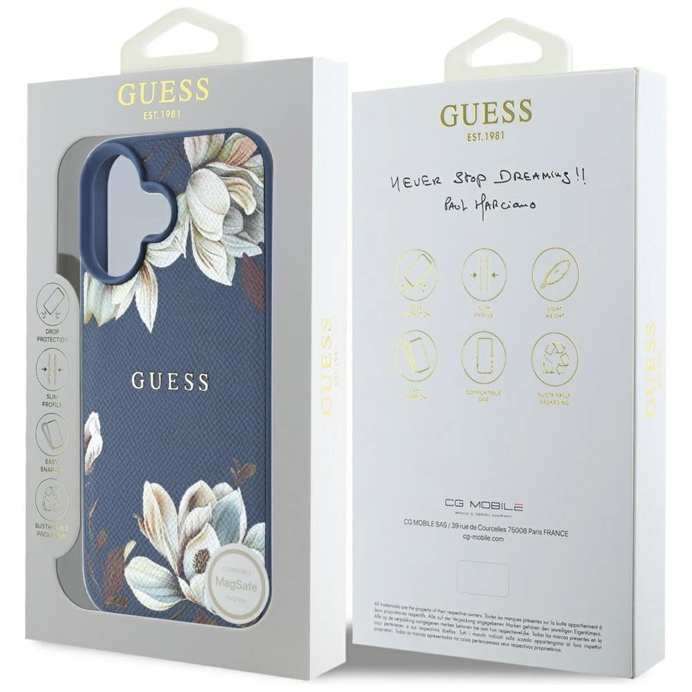 Guess Grained Printed Flower Pattern MagSafe case for iPhone 16 blue_7