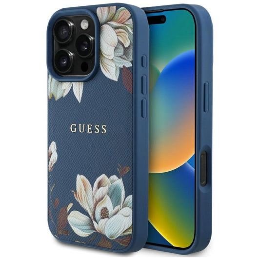 Guess Grained Printed Flower Pattern MagSafe case for iPhone 16 Pro Max blue_0