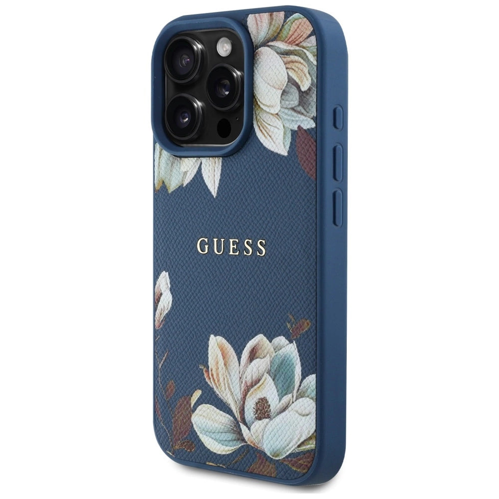 Guess Grained Printed Flower Pattern MagSafe case for iPhone 16 Pro Max blue_1