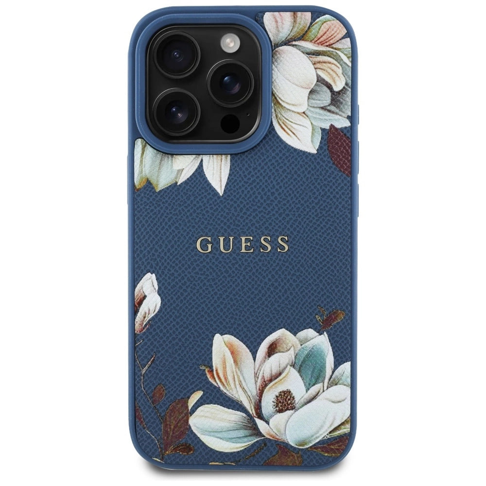 Guess Grained Printed Flower Pattern MagSafe case for iPhone 16 Pro Max blue_2