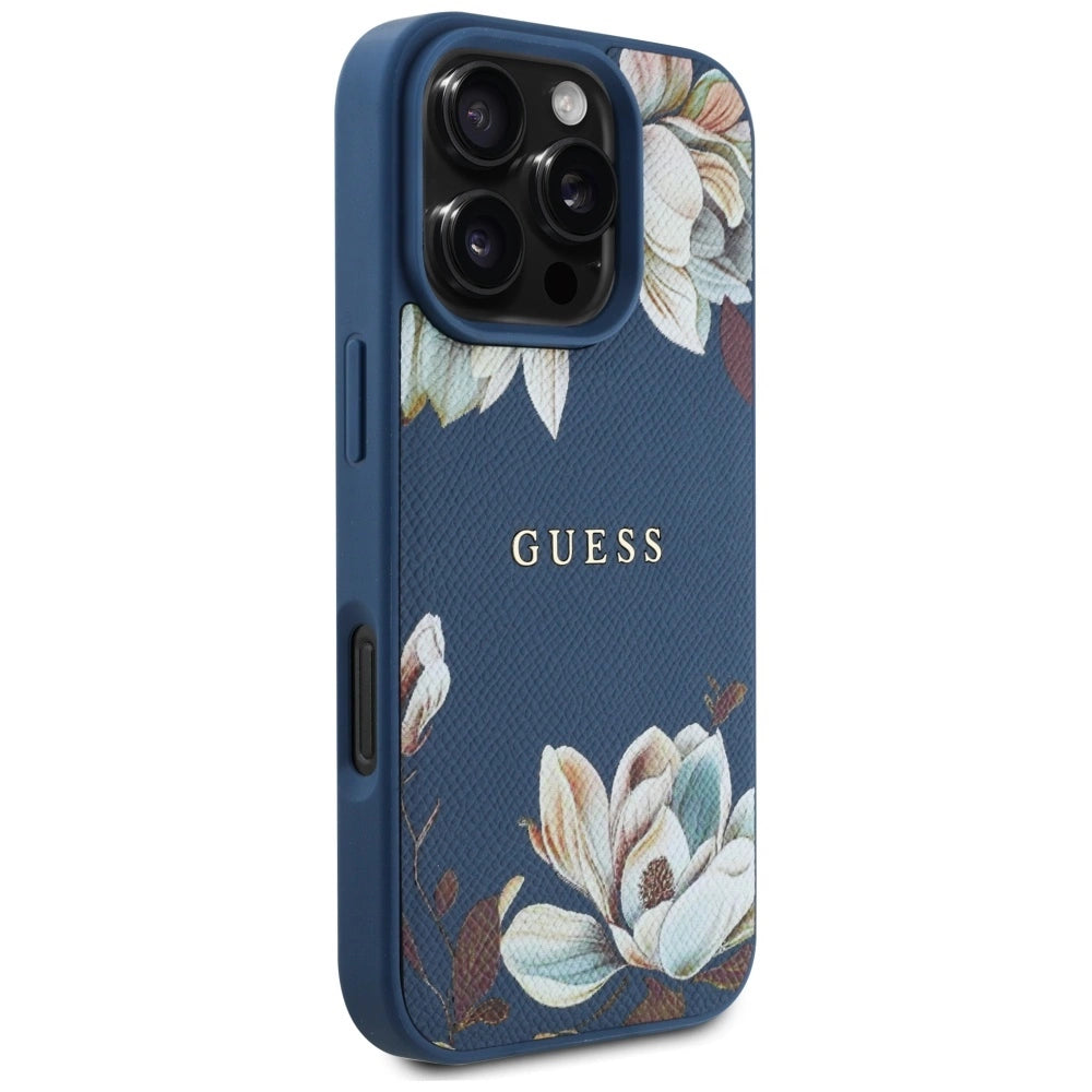 Guess Grained Printed Flower Pattern MagSafe case for iPhone 16 Pro Max blue_3