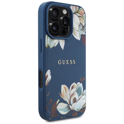 Guess Grained Printed Flower Pattern MagSafe case for iPhone 16 Pro Max blue_3