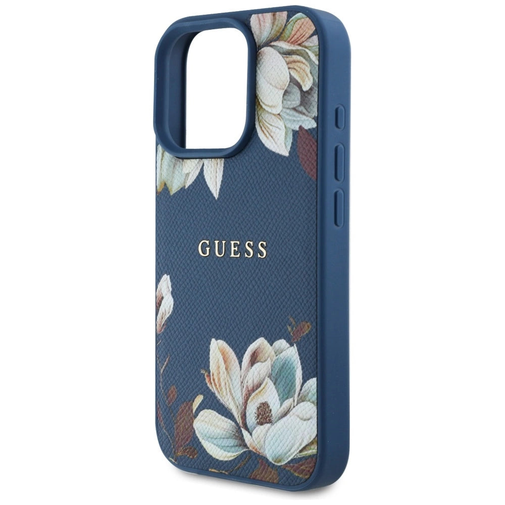 Guess Grained Printed Flower Pattern MagSafe case for iPhone 16 Pro Max blue_5
