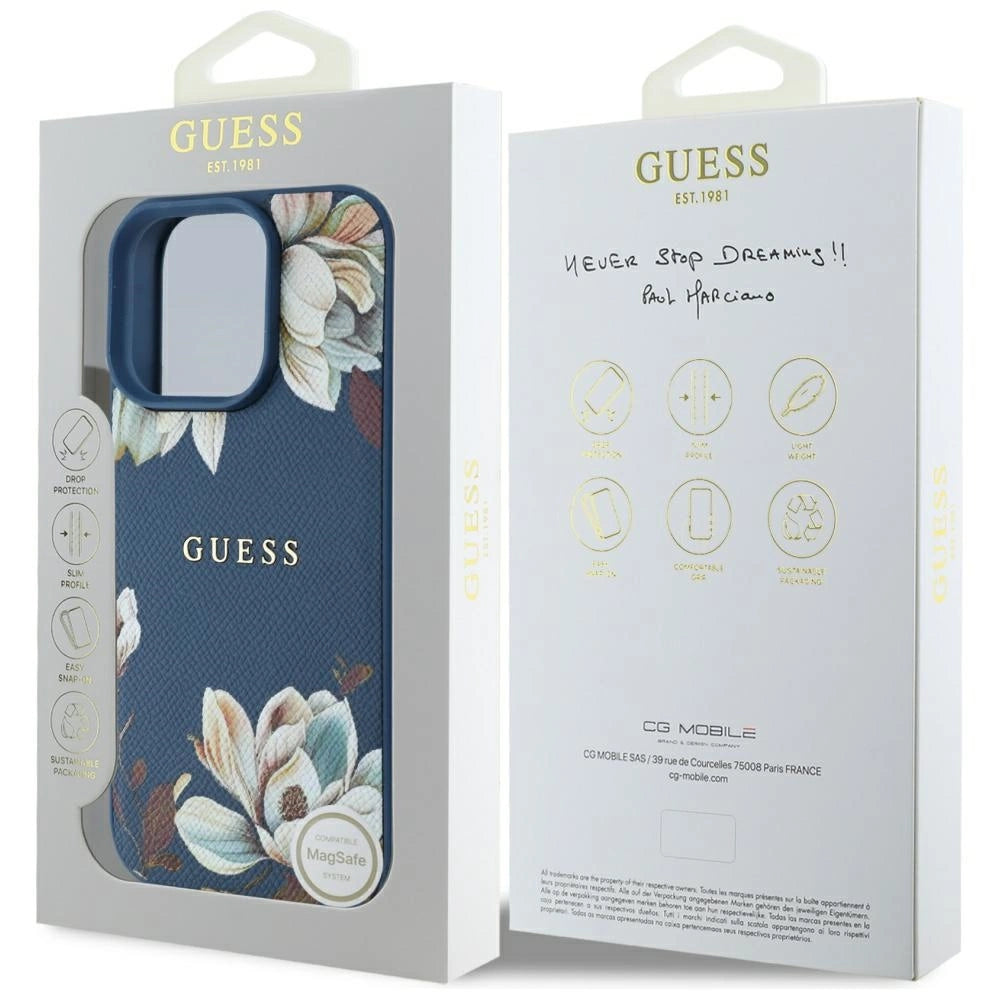 Guess Grained Printed Flower Pattern MagSafe case for iPhone 16 Pro Max blue_7