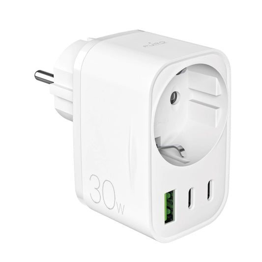 Puro 30W Power Delivery Charger with Schuko Plug and Socket 2x USB-C + 1x USB-A - White_0
