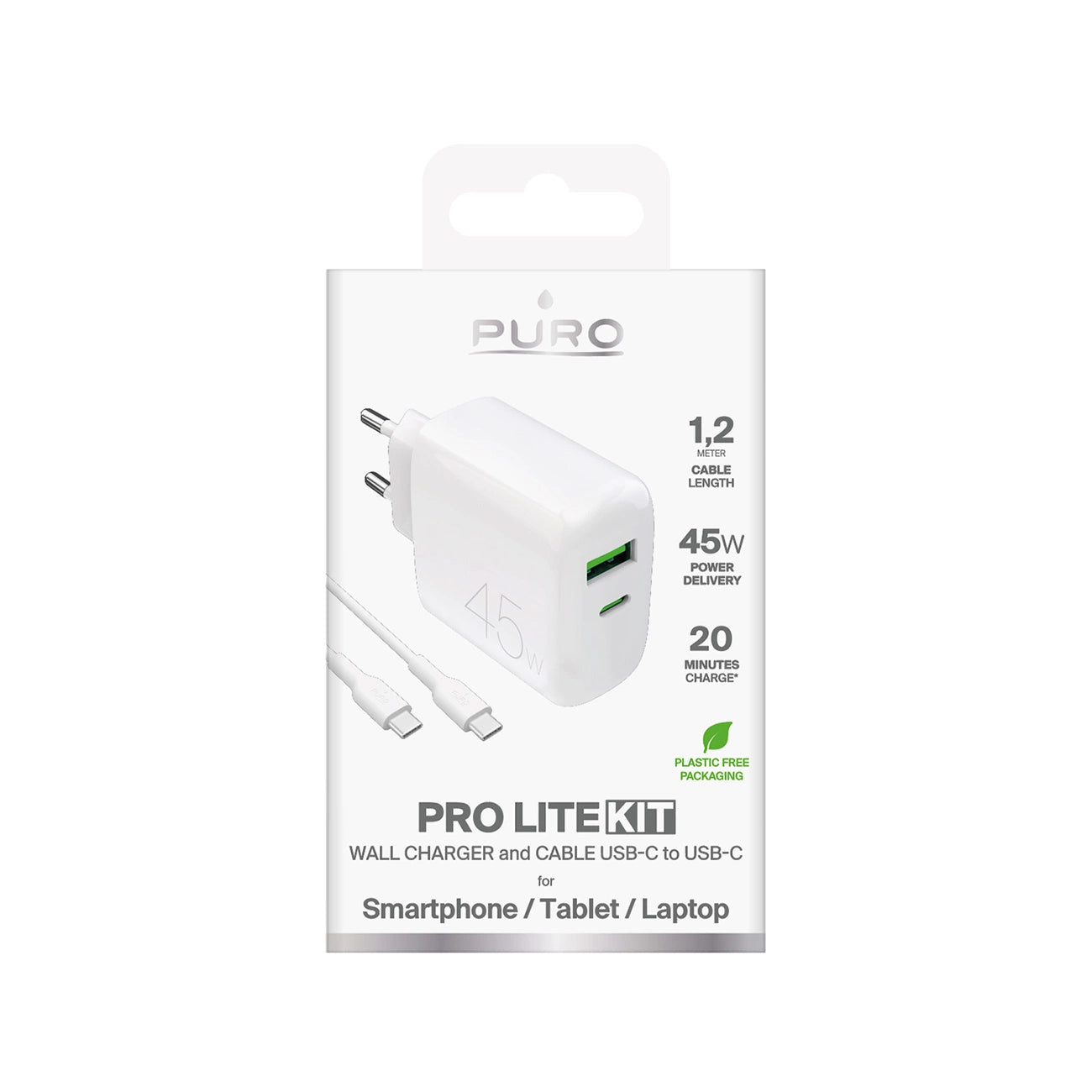 Puro Daily Prolite 45W USB-C USB-A Power Delivery Charger with USB-C Cable - White_1