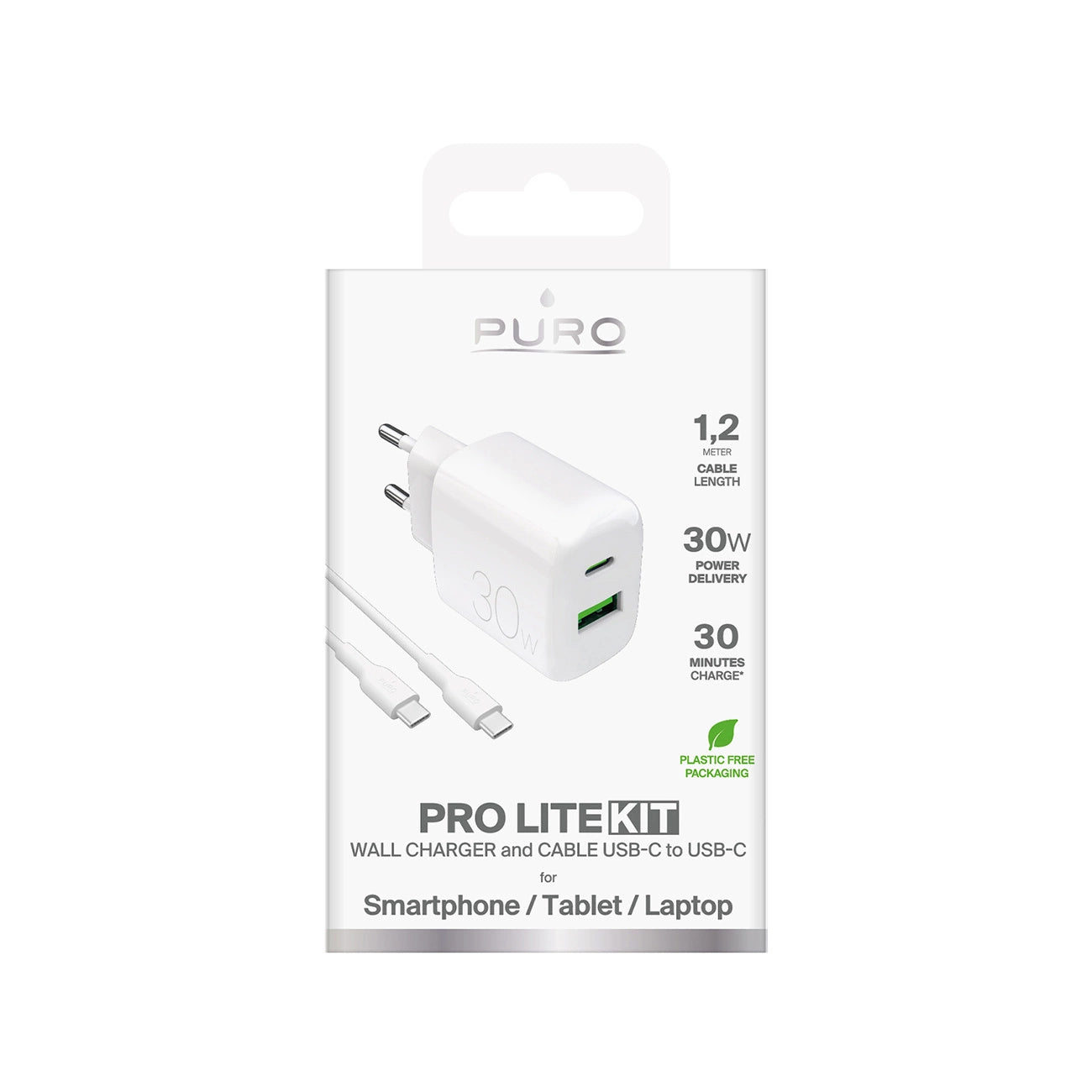 Puro PROLITE 30W USB-A / USB-C wall charger + USB-C - USB-C cable 1.2m - white_1
