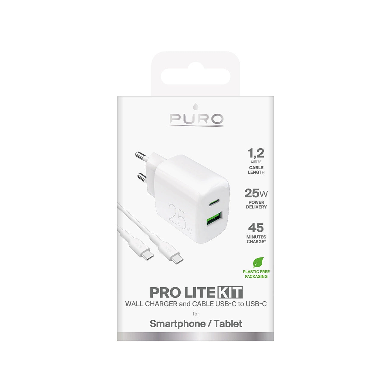 Puro PROLITE 25W USB-A / USB-C wall charger + USB-C - USB-C cable 1.2m - white_1