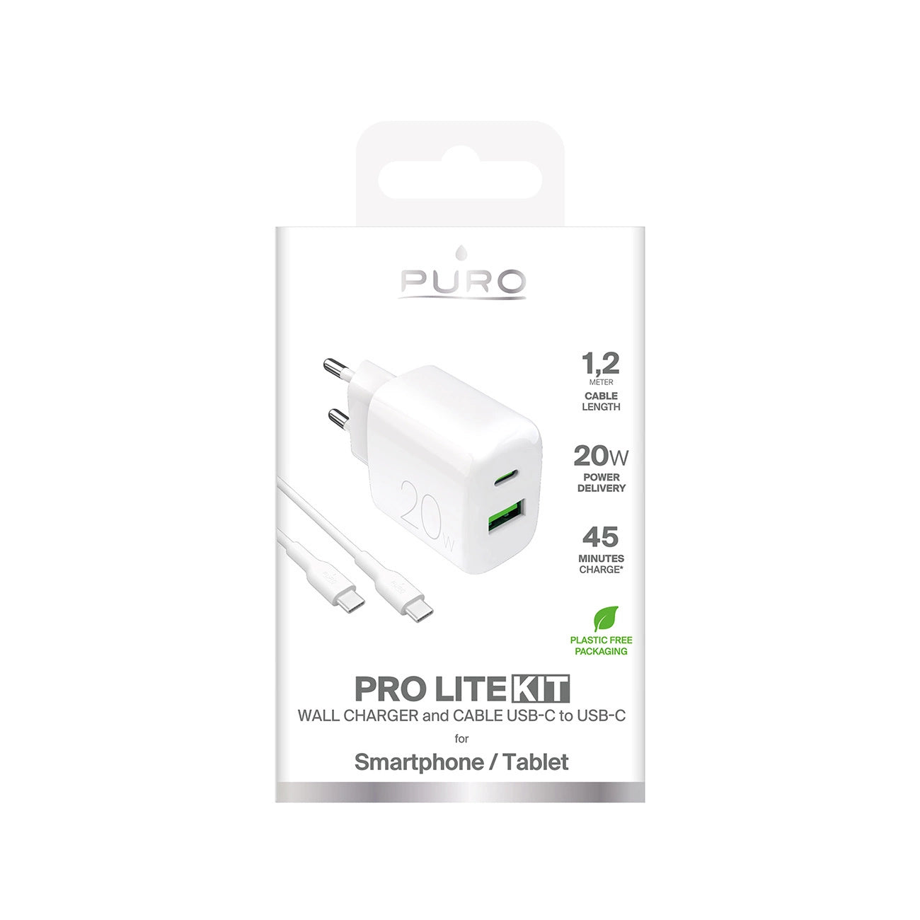 Puro PROLITE 20W USB-A / USB-C wall charger + USB-C - USB-C cable 1.2m - white_1