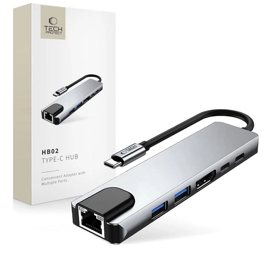Tech-Protect HB02 HUB Adapter 6in1 USB-C + USB2.0 + USB3.0 + HDMI 4K 30Hz + RJ45 + PD100W - gray_0