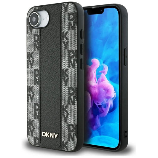 DKNY Leather Checkered Mono Pattern MagSafe iPhone 16e Case - Black_0