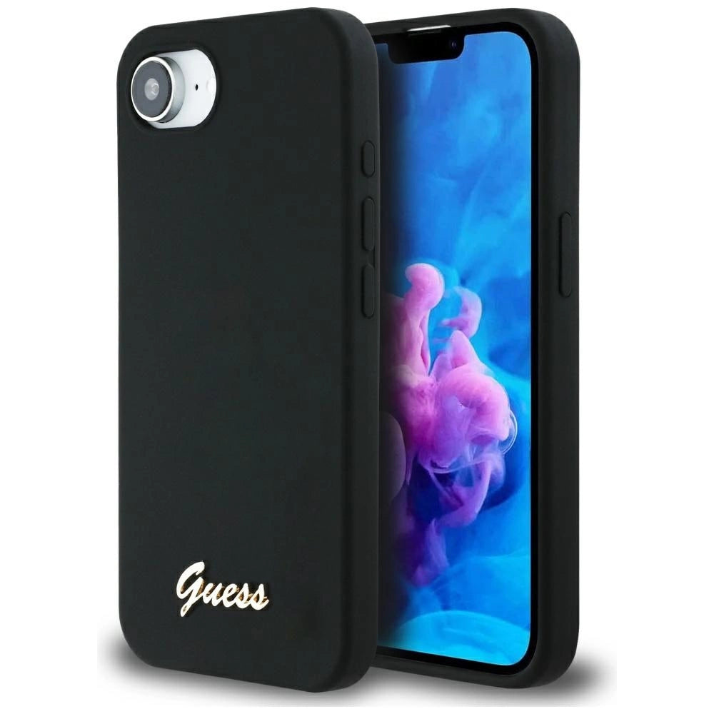 Guess Silicone Script Metal Logo MagSafe iPhone 16e Case - Black_0