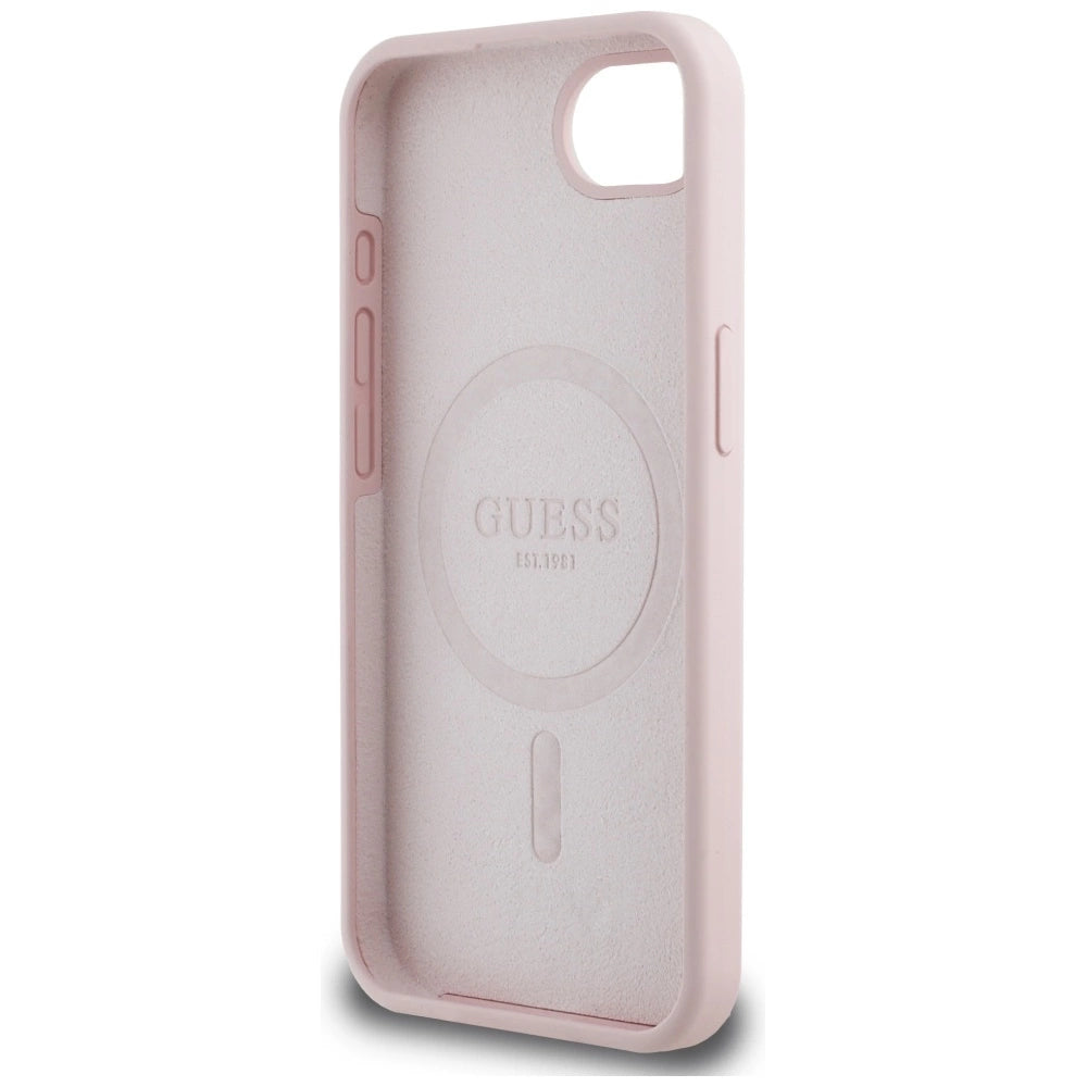 Guess Silicone Script Metal Logo MagSafe iPhone 16e Case - Pink_6