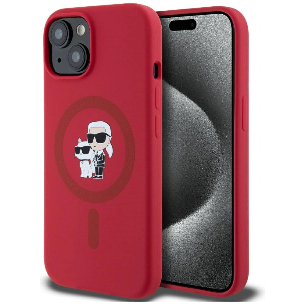 Karl Lagerfeld Silicone Karl&amp;Choupette Heads Ring MagSafe iPhone 15 Case - Red_0