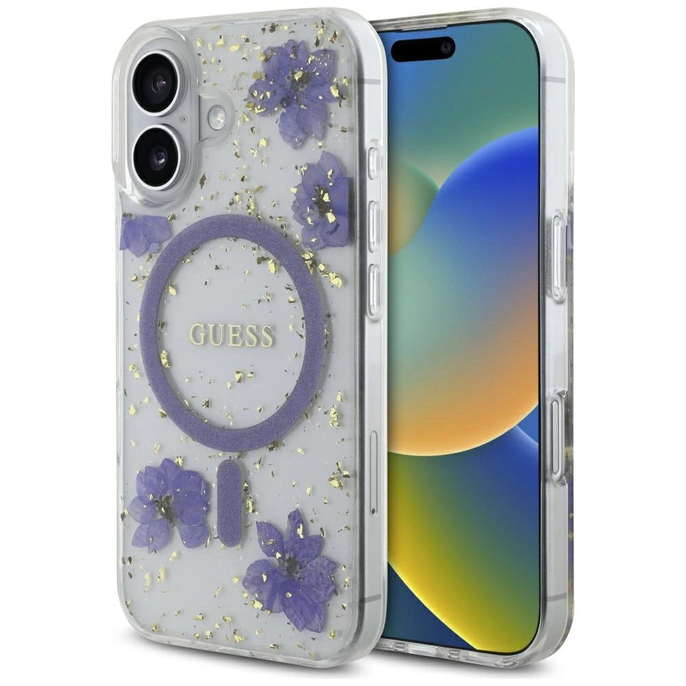 Guess Resin Flowers Glitter MagSafe case for iPhone 16 - purple_0