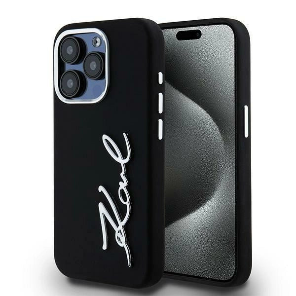 Karl Lagerfeld Silicone Metal Script Logo iPhone 15 Pro Max Case - Black_0