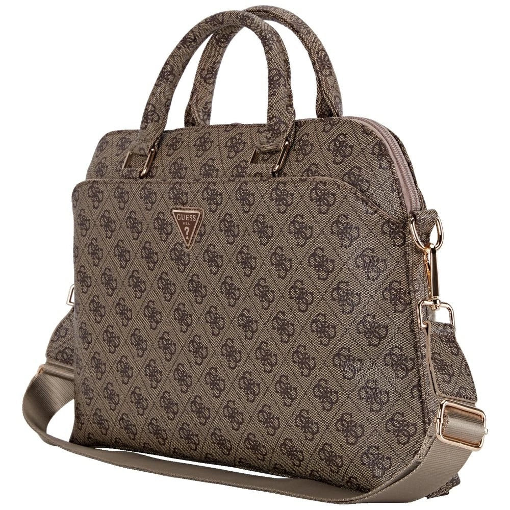 Guess 4G Zipper Pocket Triangle Logo 15&quot; Laptop Bag - Brown_2
