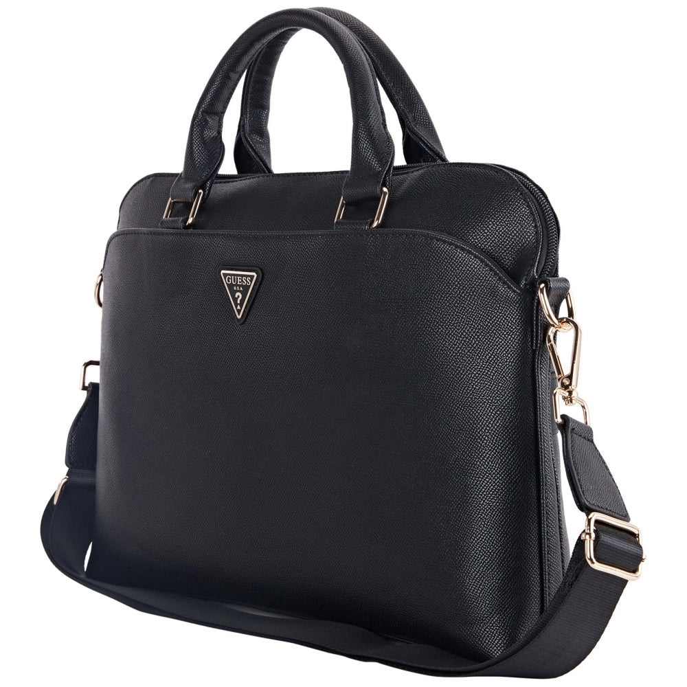 Guess Grained Zipper Pocket Triangle Logo 15&quot; Laptop Bag - Black_2
