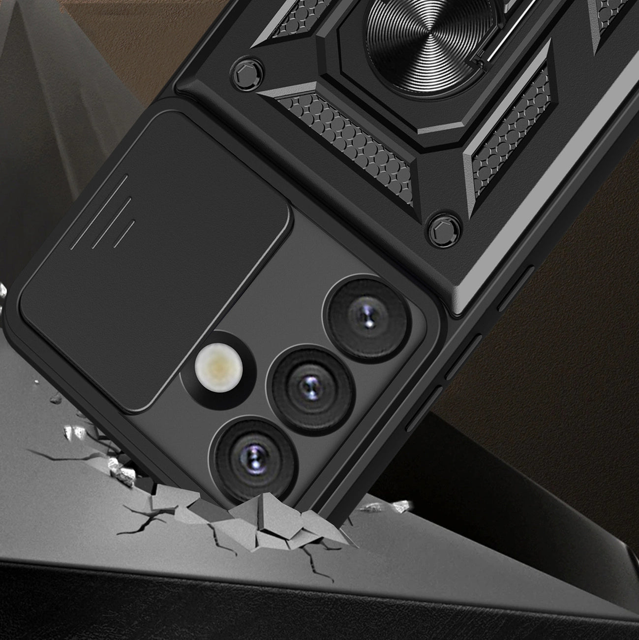 Hybrid Armor Camshield Case with Stand and Camera Cover for Oppo F29 5G / A5 5G - Black_1