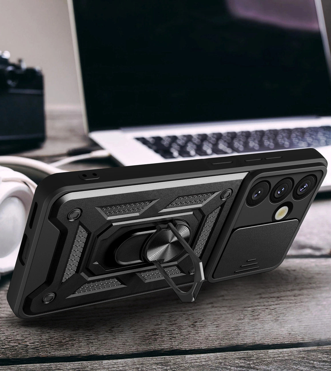Hybrid Armor Camshield Case with Stand and Camera Cover for Oppo F29 Pro 5G - Black_3